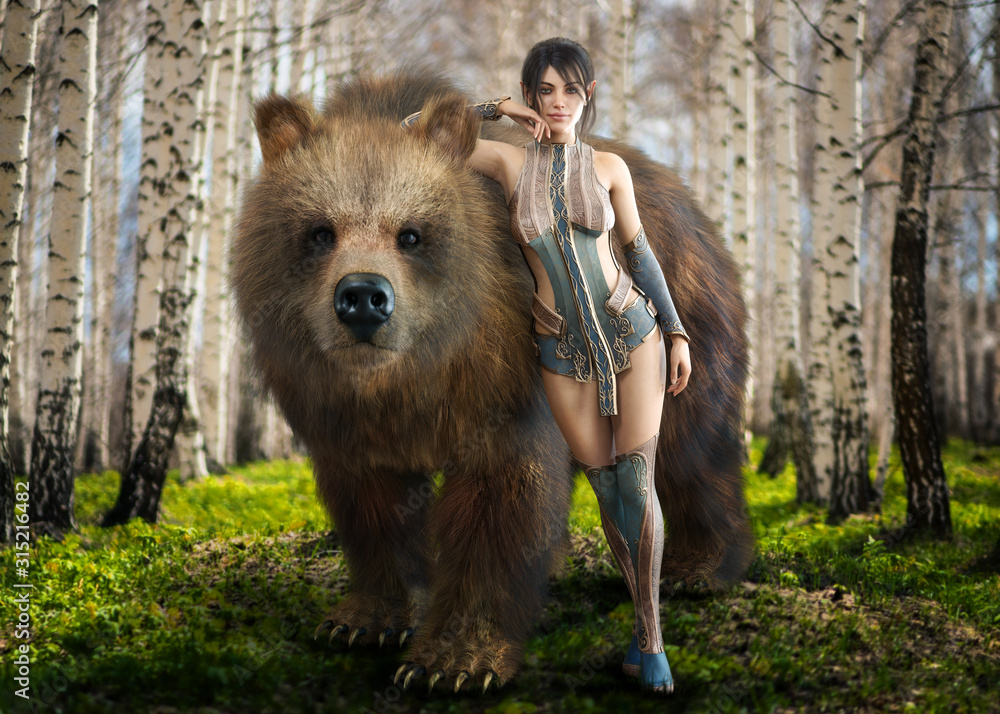 Obraz premium Portret fantastycznej, eleganckiej ciemnowłosej druidki oddanej naturze, pozującej ze swoim ukochanym oswojonym niedźwiedziem brunatnym. Renderowanie 3d