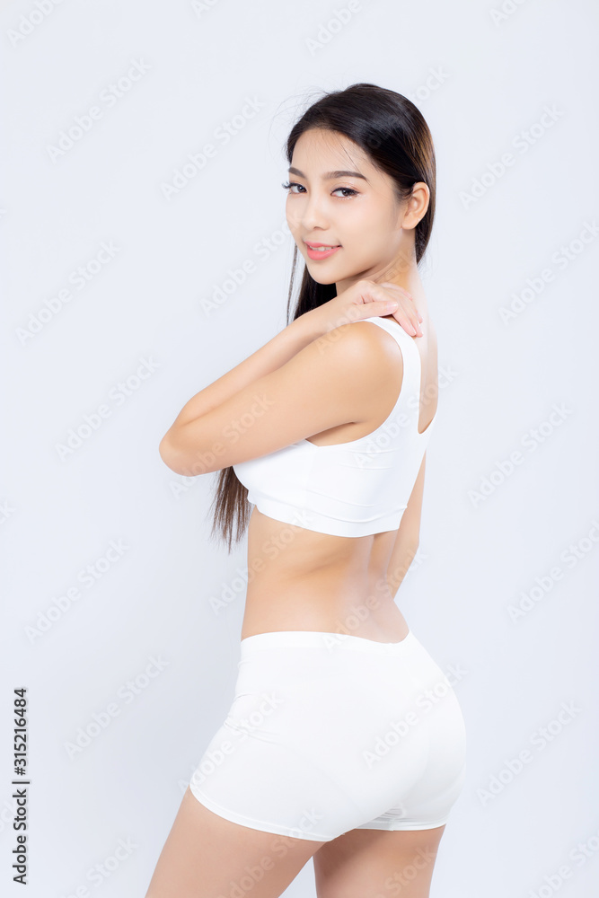 Portrait young asian woman smiling beautiful body diet with fit isolated on white background, model girl weight slim with cellulite or calories, health and wellness concept. Portrait young asian woman smiling beautiful body diet with fit isolated on white background, model girl weight slim with cellulite or calories, health and wellness concept.
