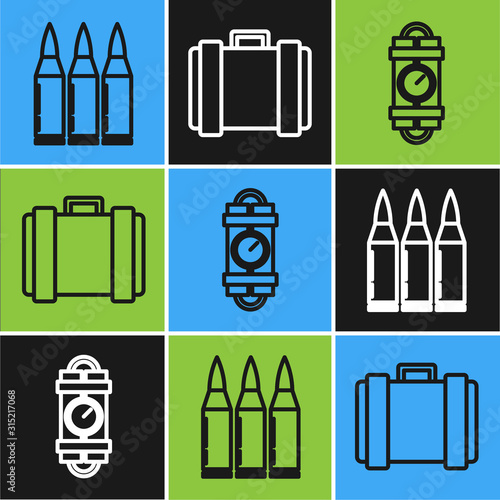 Set line Bullet , Detonate dynamite bomb stick and timer clock and Military ammunition box icon. Vector