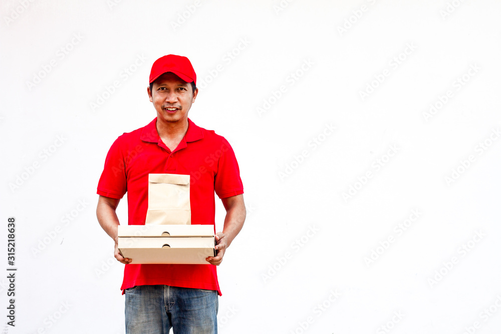 Holding various take-out food containers, pizza box, in holder and paper bag, close-up. Light grey background, place to insert your text. Delivery man. Holding various take-out food containers, pizza box, in holder and paper bag, close-up. Light grey background, place to insert your text. Delivery man.