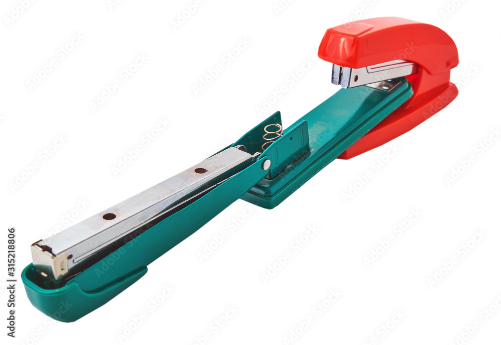 red and green paper stapler on white background , concept , Isolated red and green paper stapler on white background , concept , Isolated