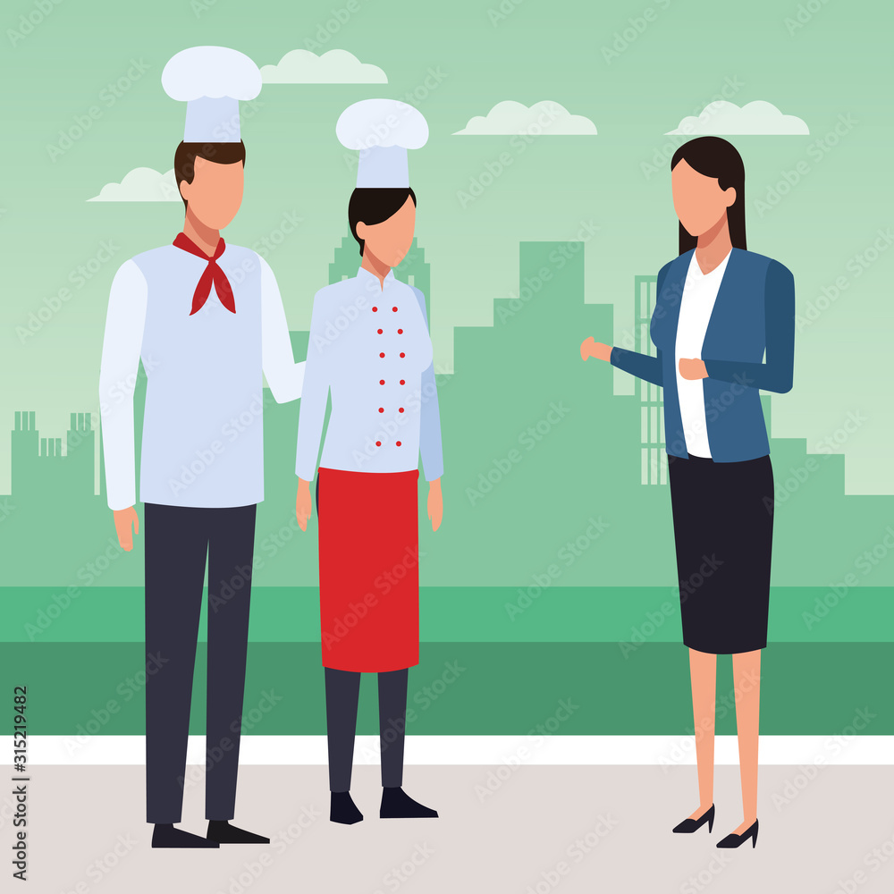 chef woman and man and businesswoman standing, colorful design