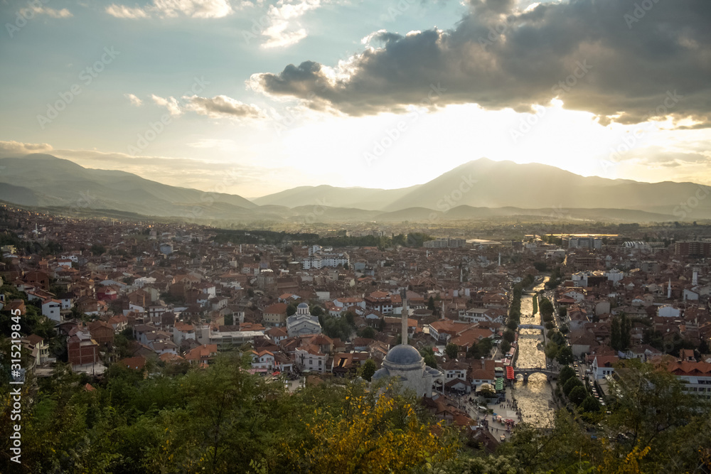 Panorama of the city center of Prizren, Kosovo, with minarets of Mosques and the Bistrica River. Prizren is the second biggest city of Kosovo and a major ottoman architecture and cultural landmark