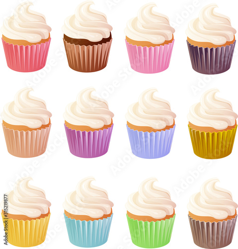 Vector illustration of various cupcakes with vanilla icing isolated on white background.