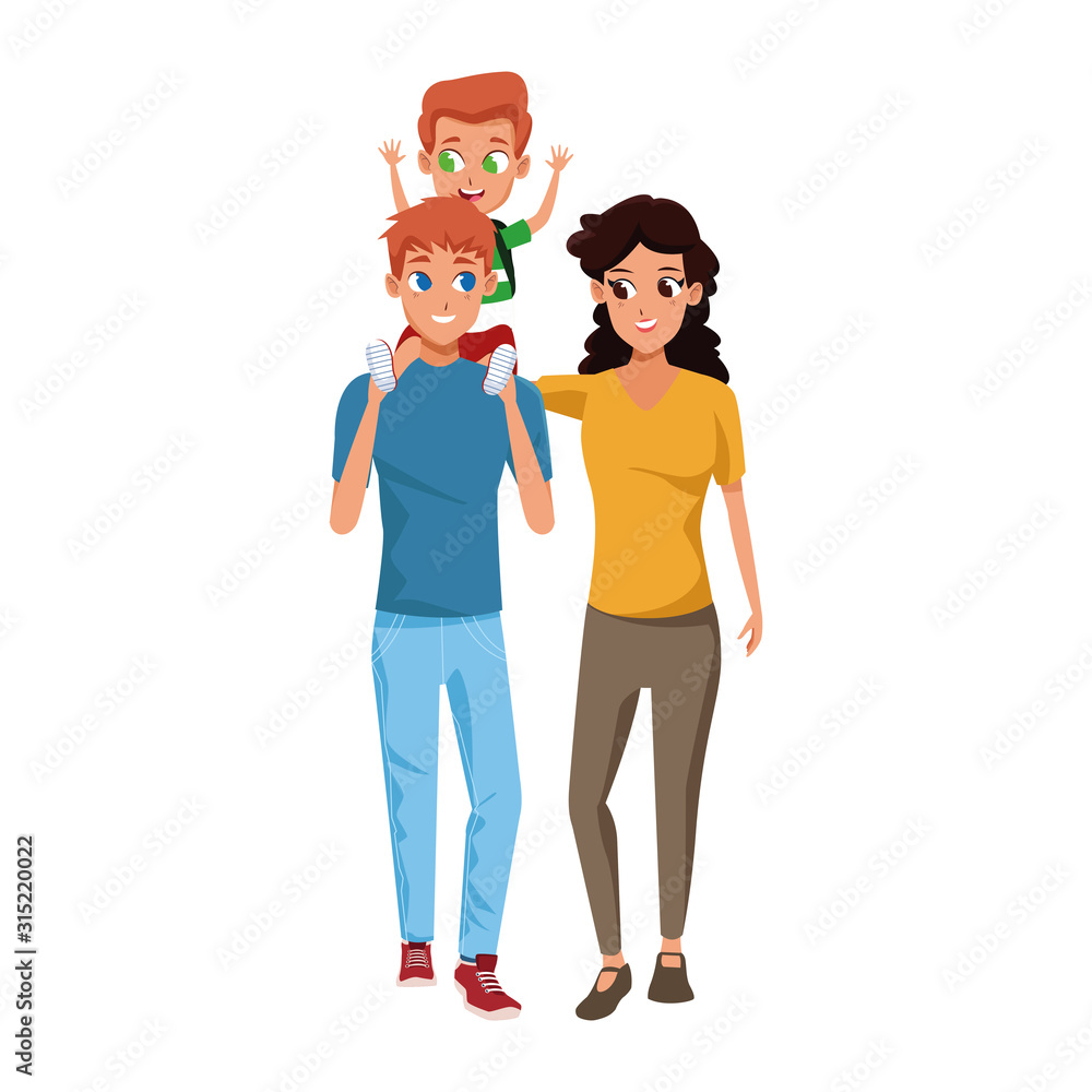 woman and man carrying his son on his shoulders, colorful design