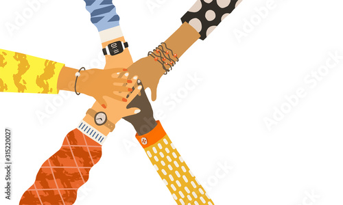 Holding of diverse group hands circle of people putting together.  Cooperation, unity, togetherness, partnership, agreement, teamwork social community concept. Cartoon illustration landing page design