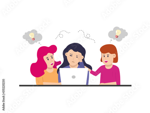 Two young woman give support to her friend. Guilt, depressed, and terrified expression concept. Flat colourful cartoon vector illustration