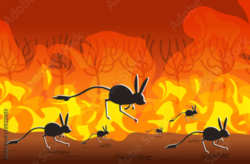 jerboas silhouettes running from forest fires in australia animals dying in wildfire bushfire burning trees natural disaster concept intense orange flames horizontal vector illustration