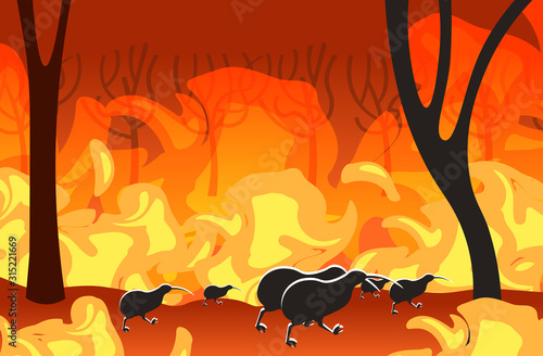 kiwi silhouettes running from forest fires in australia animals dying in wildfire bushfire burning trees natural disaster concept intense orange flames horizontal vector illustration