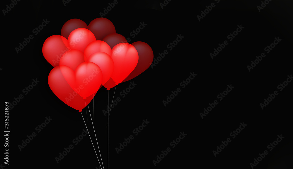 Valentines motive with moving red balloons on black background with copy space. Six balloons on strings