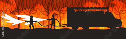 firefighters extinguishing dangerous wildfire in australia firemen spraying water from fire truck fighting bushfire firefighting natural disaster concept intense orange flames horizontal vector