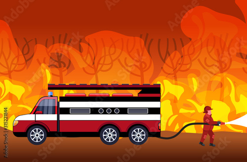 firefighter extinguishing dangerous wildfire in australia fireman spraying water from fire truck fighting bushfire firefighting natural disaster concept intense orange flames horizontal vector
