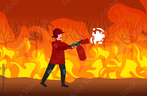 firefighter extinguishing dangerous wildfire bushfire in australia fireman using extinguisher firefighting natural disaster concept intense orange flames horizontal full length vector illustration