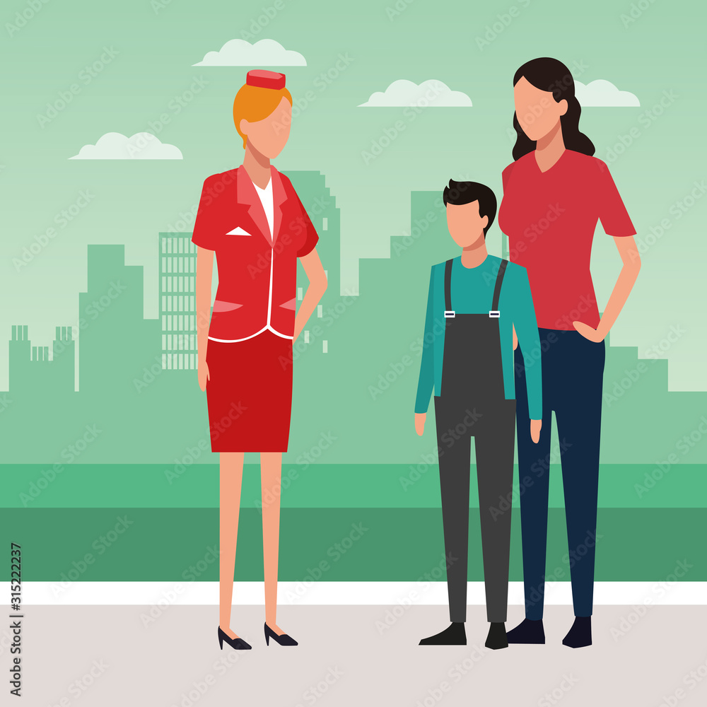 Air hostess with woman and teenager standing, colorful design Air hostess with woman and teenager standing, colorful design