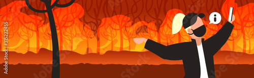 female volunteer or firefighter taking selfie on smartphone camera dangerous wildfire bushfire global warming natural disaster concept intense orange flames horizontal portrait vector illustration