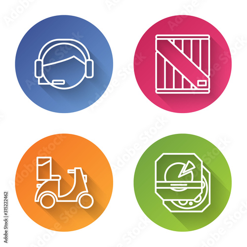 Set line Support operator in touch, Wooden box , Scooter delivery and Pizza in cardboard box . Color circle button. Vector