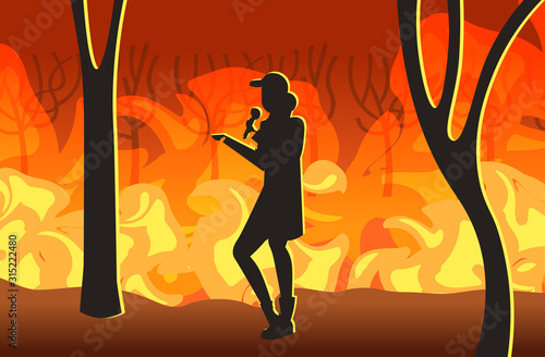 breaking news reporter talking to microphone bushfire global warming natural disaster ecology problem concept female silhouette full length horizontal vector illustration