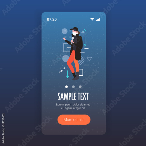 breaking news reporter in protective mask talking to microphone bushfire global warming natural disaster ecology problem concept smartphone screen mobile app full length vector illustration