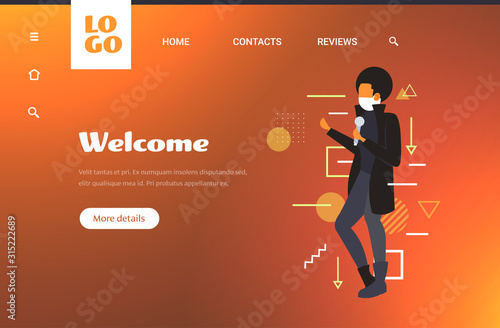 breaking news reporter in protective mask talking to microphone bushfire global warming natural disaster ecology problem concept full length copy space horizontal vector illustration