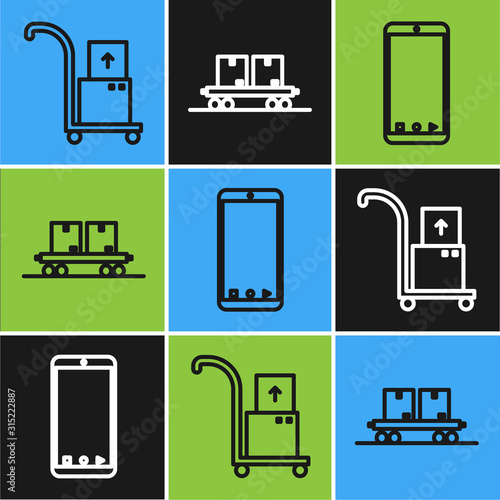 Set line Hand truck and boxes , Mobile phone with app delivery tracking and Railway carriage icon. Vector