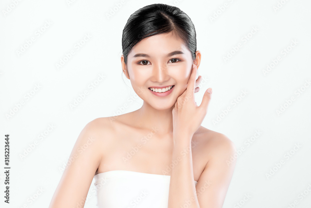 Portrait beautiful young asian woman clean fresh bare skin concept. Asian girl beauty face skincare and health wellness, Facial treatment, Perfect skin, Natural make up, on white background Portrait beautiful young asian woman clean fresh bare skin concept. Asian girl beauty face skincare and health wellness, Facial treatment, Perfect skin, Natural make up, on white background