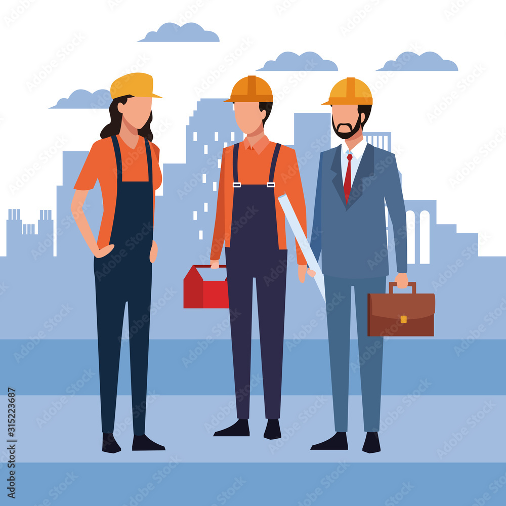 Builder woman and man and enginner standing over city urban background Builder woman and man and enginner standing over city urban background