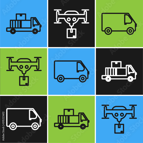 Set line Delivery truck with cardboard boxes, Delivery cargo truck vehicle and Delivery drone with the package icon. Vector