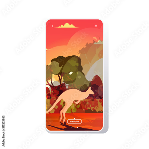 kangaroo running from forest fires in australia animals dying in wildfire bushfire burning trees natural disaster concept intense orange flames smartphone screen mobile app vector illustration