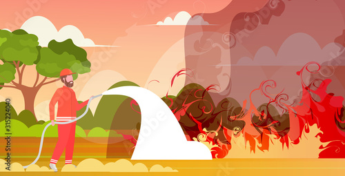firefighter extinguishing dangerous wildfire in australia fireman spraying water from hose fighting bushfire firefighting natural disaster concept intense orange flames horizontal vector illustration