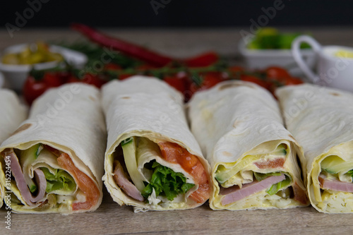 Healthy food on old wooden background. Concept of proper nutrition. Top view photo