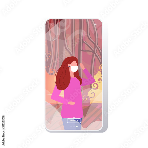 woman in protective mask wildfire bushfire global warming natural disaster ecology problem concept intense smoke orange flames smartphone screen mobile app portrait vector illustration