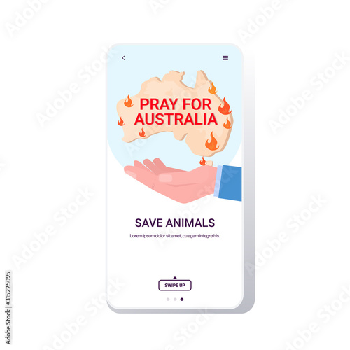 hand holding Australia map forest fires wildfire bushfire natural disaster pray for Australia concept smartphone screen mobile app vector illustration