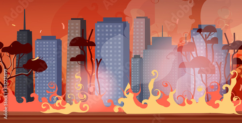 forest fires in australia wildfire city street with skyscrapers bushfire natural disaster concept intense orange flames cityscape background horizontal vector illustration