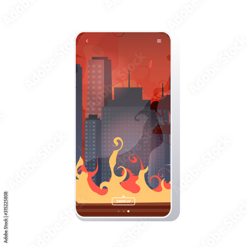 forest fires in australia wildfire city street with skyscrapers bushfire natural disaster concept intense orange flames cityscape background smartphone screen mobile app vector illustration