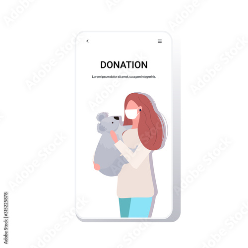 woman in mask holding koala bear forest fires animals dying in wildfire bushfire natural disaster pray for Australia donation concept intense orange flames smartphone screen obile app vector