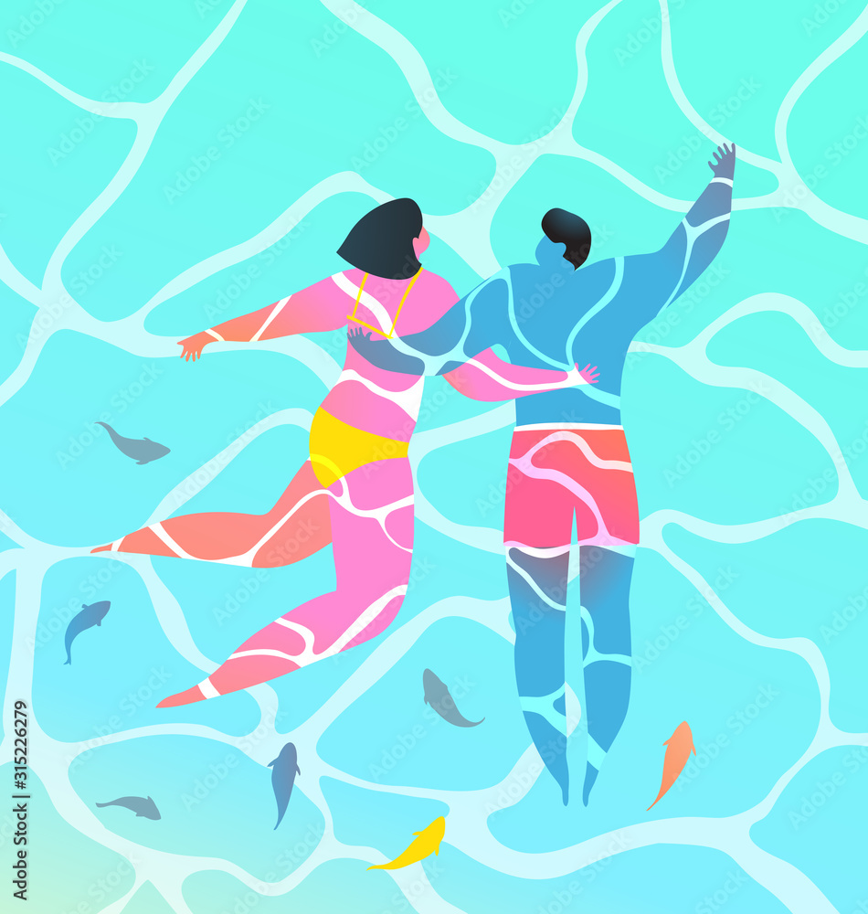 Fototapeta premium Turquoise water two people couple swimming in tropical paradise with fish contemporary art design.