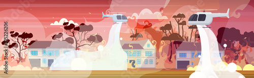 helicopter extinguishes dangerous wildfire in australia fighting bushfire dry woods burning trees and houses firefighting natural disaster concept intense orange flames horizontal vector illustration