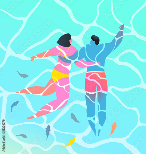 Turquoise water two people couple swimming in tropical paradise with fish contemporary art design.