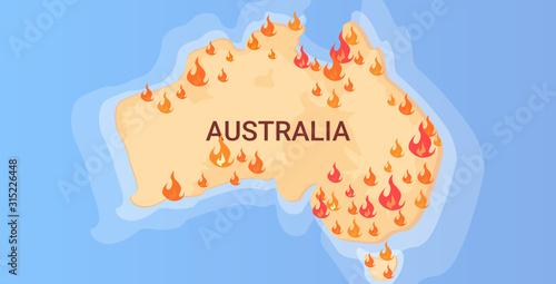 map of Australia with symbols of bushfires seasonal wildfires dry woods burning global warming natural disaster concept flat horizontal vector illustration