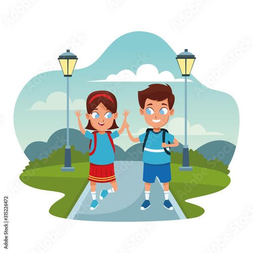 Happy boy and girl in the park, colorful design