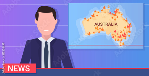 breaking news reporter journalist live broadcasting australian bushfires wildfires global warming natural disaster pray for Australia concept map with orange flames portrait flat horizontal vector
