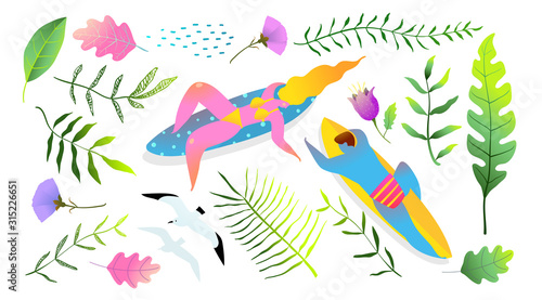 Summertime vacation and swimming couple on surf clip art collection isolated elements on white.