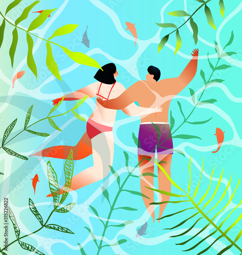 Turquoise water tropical paradise honeymoon, couple swimming together artistic design.