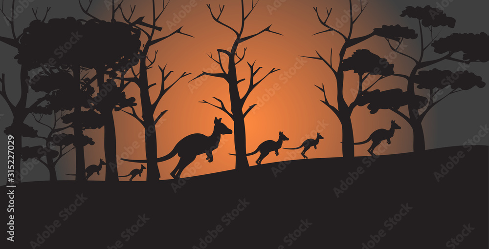 silhouettes of kangaroos running from forest fires in australia animals dying in wildfire bushfire natural disaster concept horizontal vector illustration