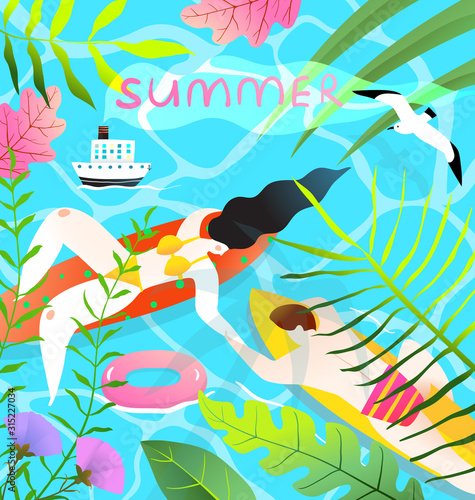 Romantic honeymoon couple in aqua summer paradise lying on surfboards in the sea holding hands.