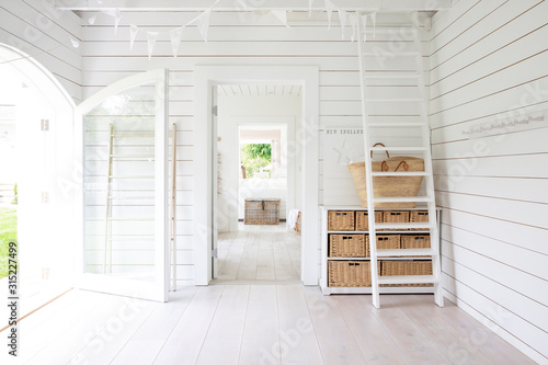 White wood shiplap beach house room photo