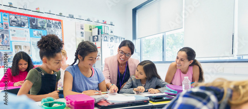 Female teacher junior high school girl students at desk in classroom