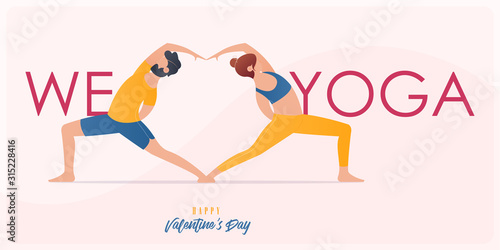 Happy Valentine’s day  banner with couple yoga poses. Year of good health. Landing page design templates for Valentine’s day decoration in partner yoga concept. Vector art and illustration.