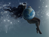 A woman holds planet earth floating in the universe