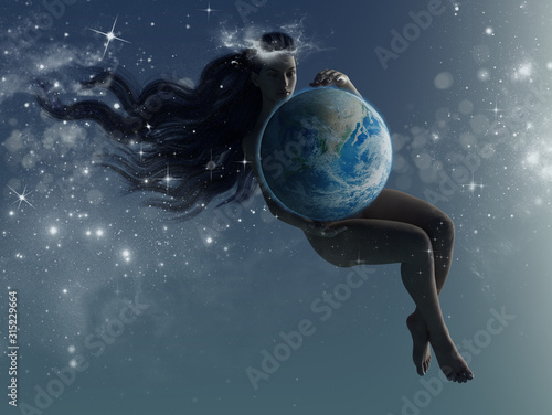 A woman holds planet earth floating in the universe photo